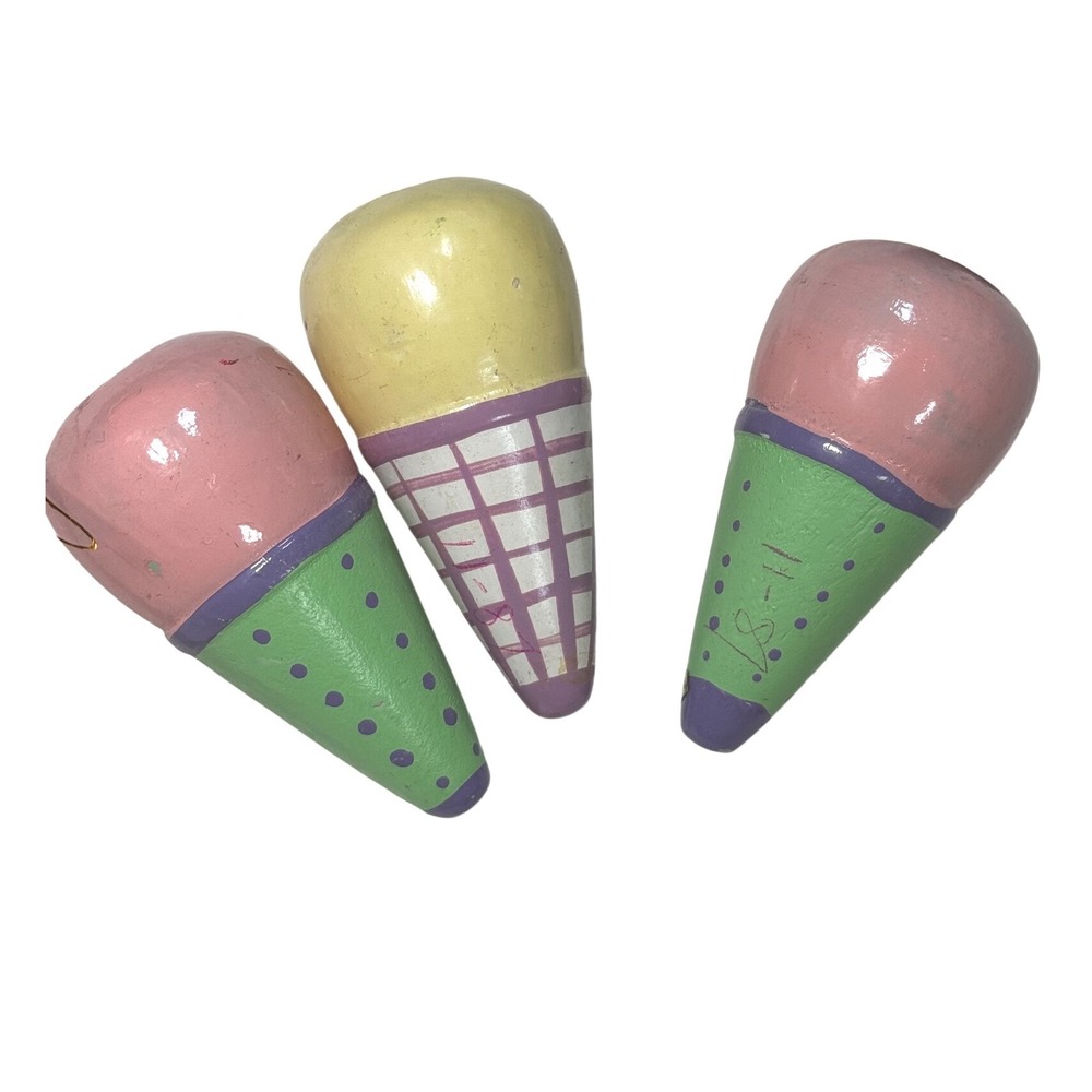 Hand Painted Ice Cream Cone Ornaments Set Of 3 Cute Pastel‎ Christmas Decor